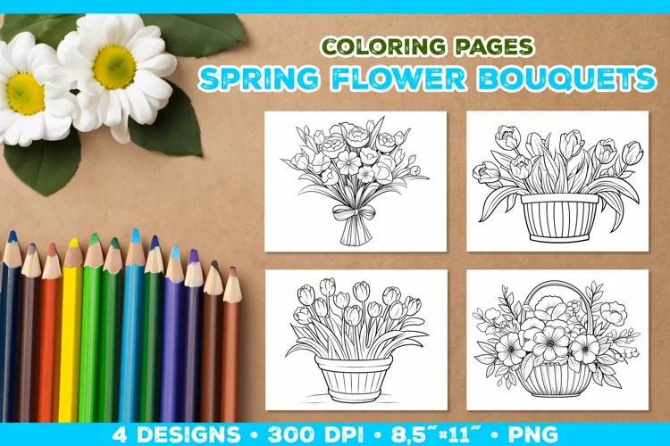 Spring floral bouquet coloring pages. Kids coloring books