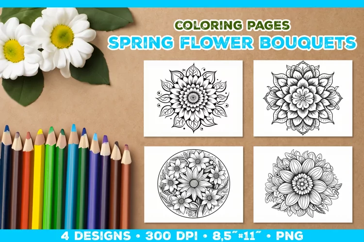 Spring floral bouquet coloring pages. Kids coloring books