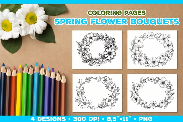 Spring floral bouquet coloring pages. Kids coloring books