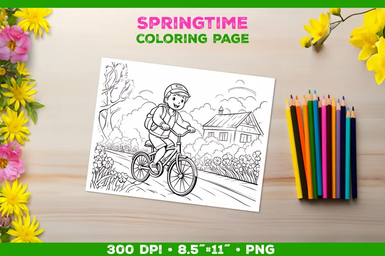Coloring page for children with a smiling boy on a bicycle