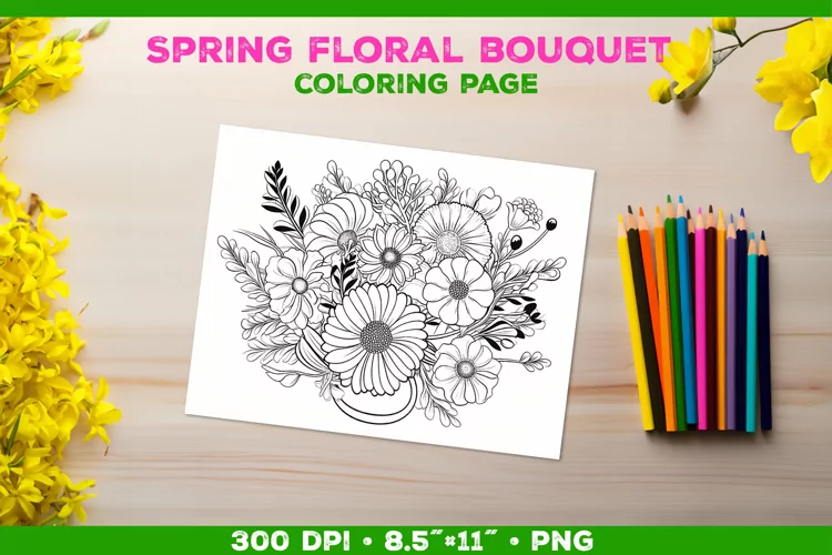 Spring floral bouquet coloring page. Kids coloring book