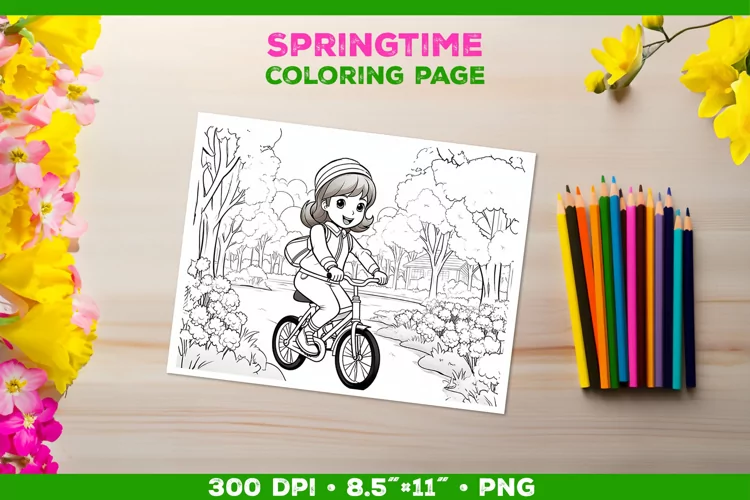 Kids simple coloring book page with a girl on the bicycle