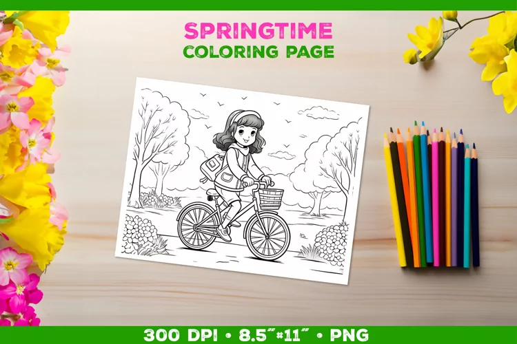 Kids simple coloring book page with a girl on the bicycle