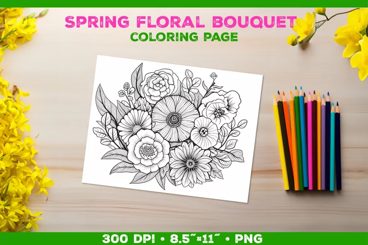 Spring floral bouquet coloring page. Kids coloring book