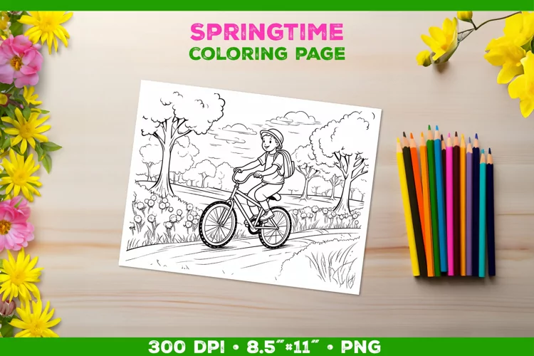 Coloring page for children with a smiling boy on a bicycle