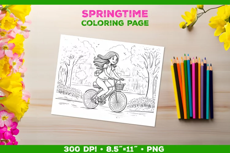 Kids simple coloring book page with a girl on the bicycle