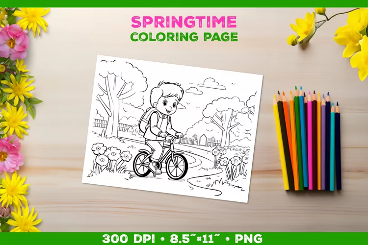 Coloring page for children with a smiling boy on a bicycle