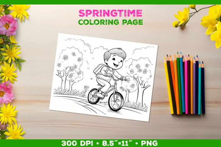 Coloring page for children with a smiling boy on a bicycle