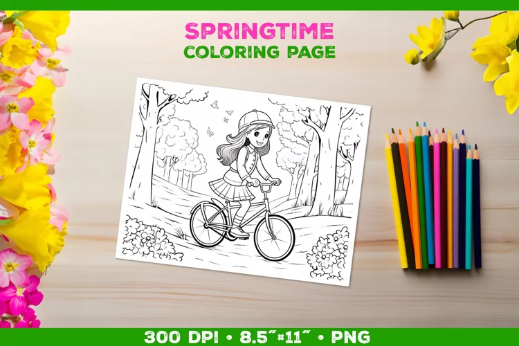Kids simple coloring book page with a girl on the bicycle