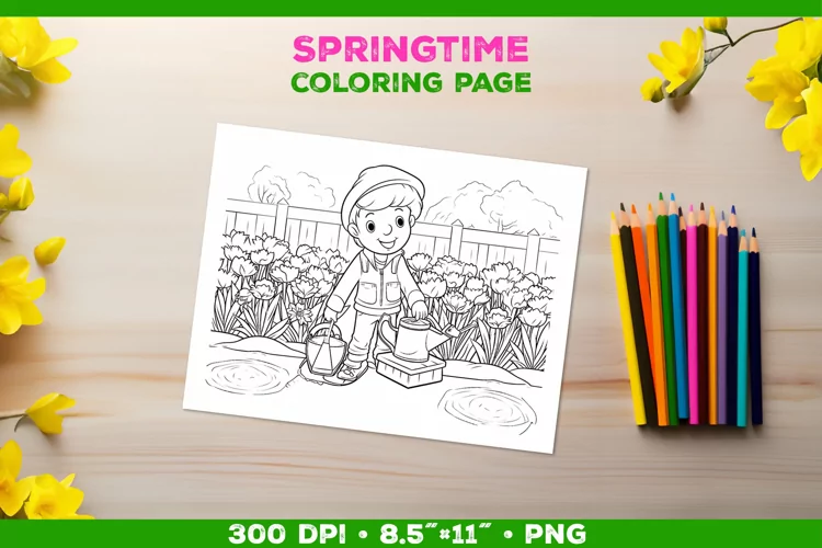 Springtime Garden Fun: Coloring Page with Boy Tending Garden