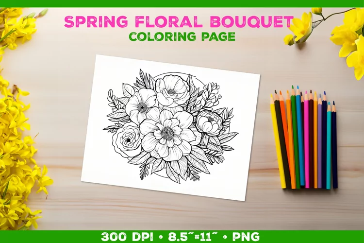 Spring floral bouquet coloring page. Kids coloring book