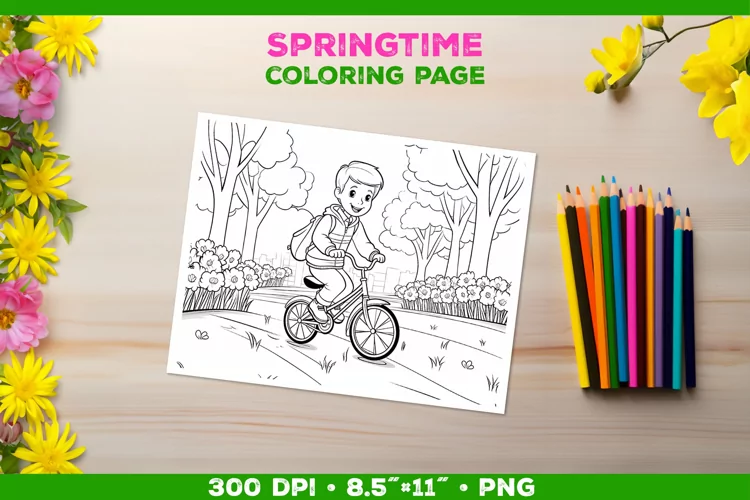 Coloring page for children with a smiling boy on a bicycle