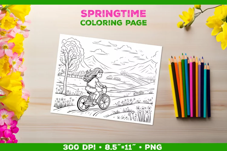 Kids simple coloring book page with a girl on the bicycle