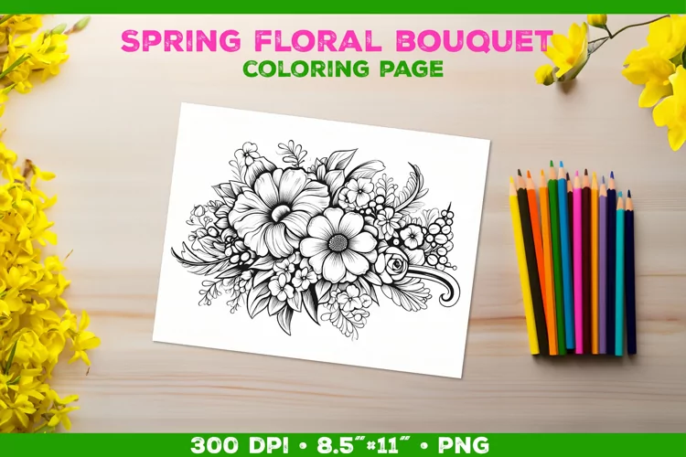 Spring floral bouquet coloring page. Kids coloring book