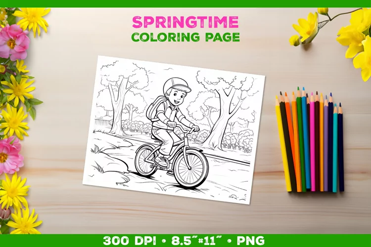 Coloring page for children with a smiling boy on a bicycle