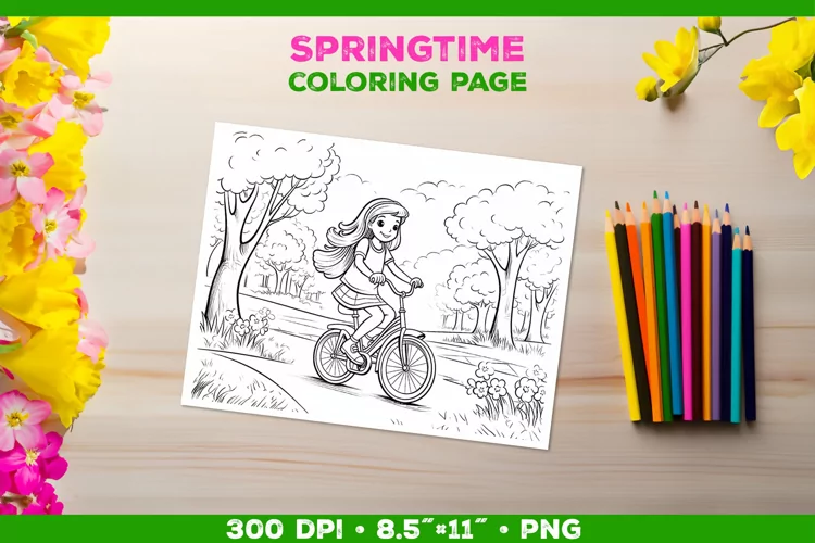 Kids simple coloring book page with a girl on the bicycle