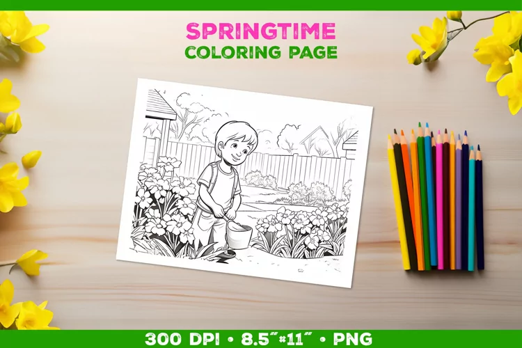 Springtime Garden Fun: Coloring Page with Boy Tending Garden