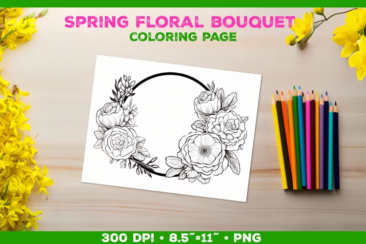 Spring floral bouquet coloring page. Kids coloring book