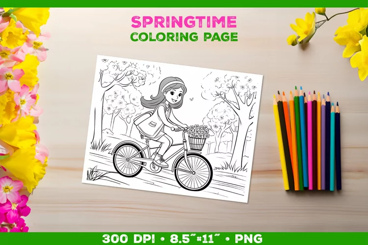 Kids simple coloring book page with a girl on the bicycle