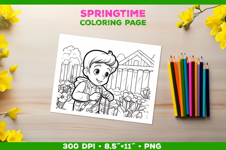 Springtime Garden Fun: Coloring Page with Boy Tending Garden