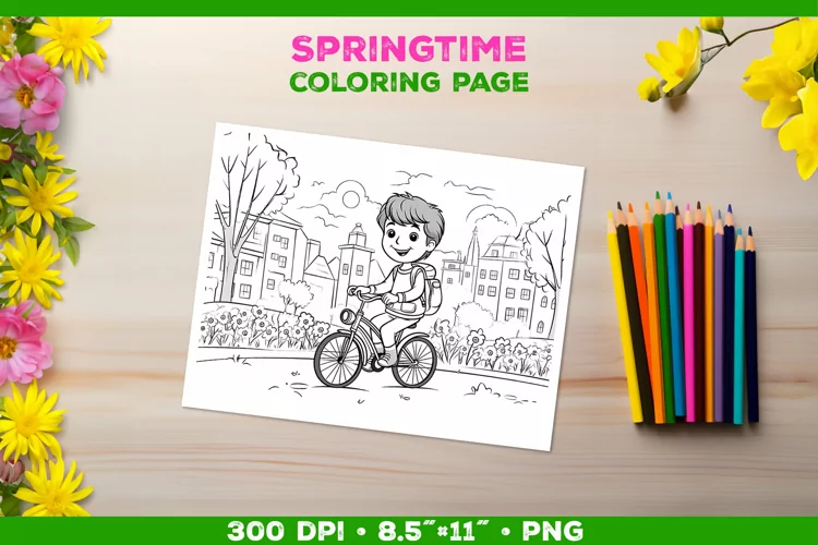 Coloring page for children with a smiling boy on a bicycle