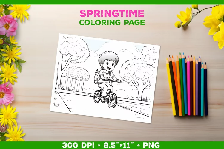 Coloring page for children with a smiling boy on a bicycle