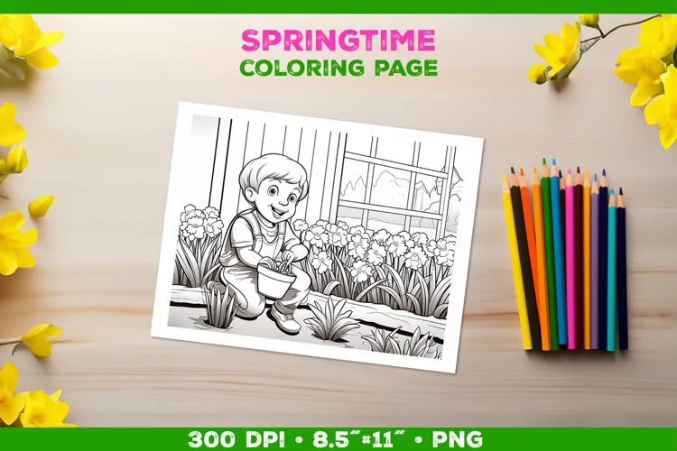 Springtime Garden Fun: Coloring Page with Boy Tending Garden