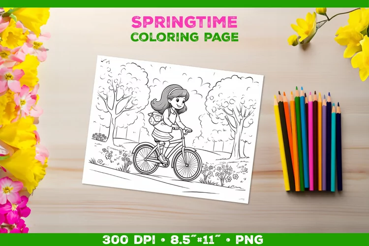 Kids simple coloring book page with a girl on the bicycle