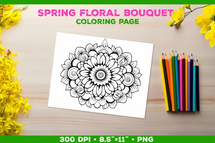 Spring floral bouquet coloring page. Kids coloring book