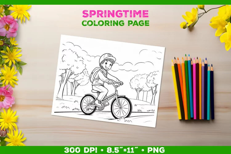 Coloring page for children with a smiling boy on a bicycle