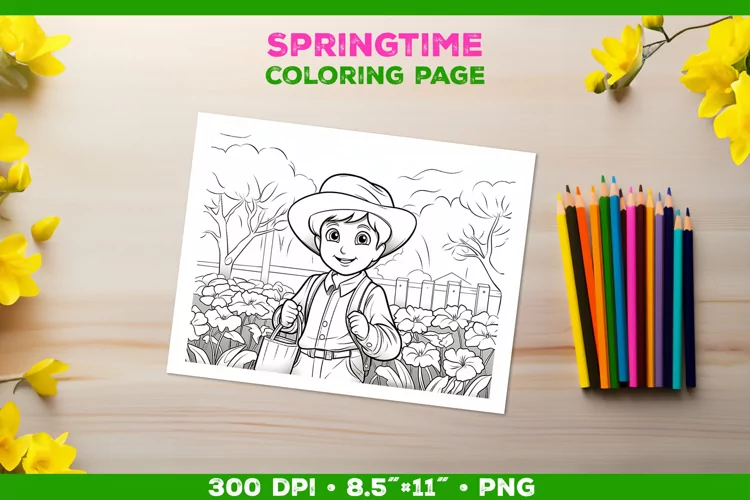 Springtime Garden Fun: Coloring Page with Boy Tending Garden