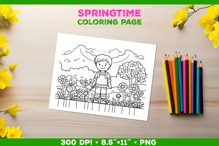Springtime Garden Fun: Coloring Page with Boy Tending Garden
