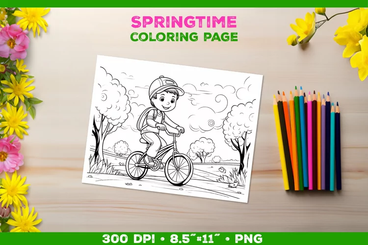 Coloring page for children with a smiling boy on a bicycle