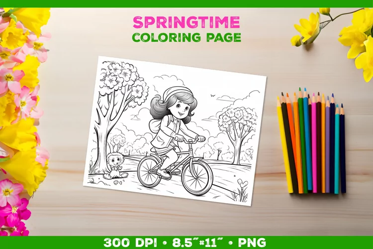 Kids simple coloring book page with a girl on the bicycle