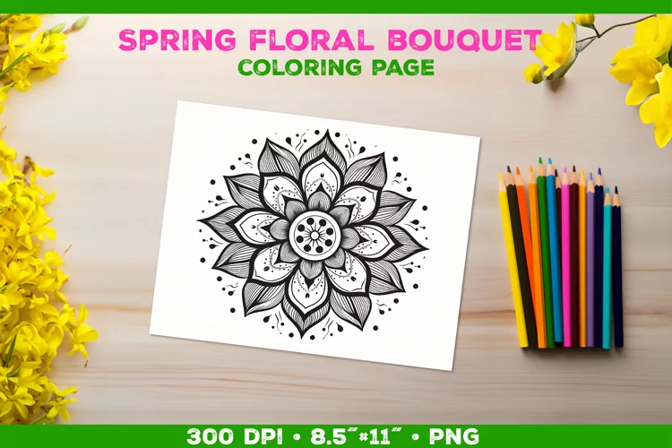 Spring floral bouquet coloring page. Kids coloring book