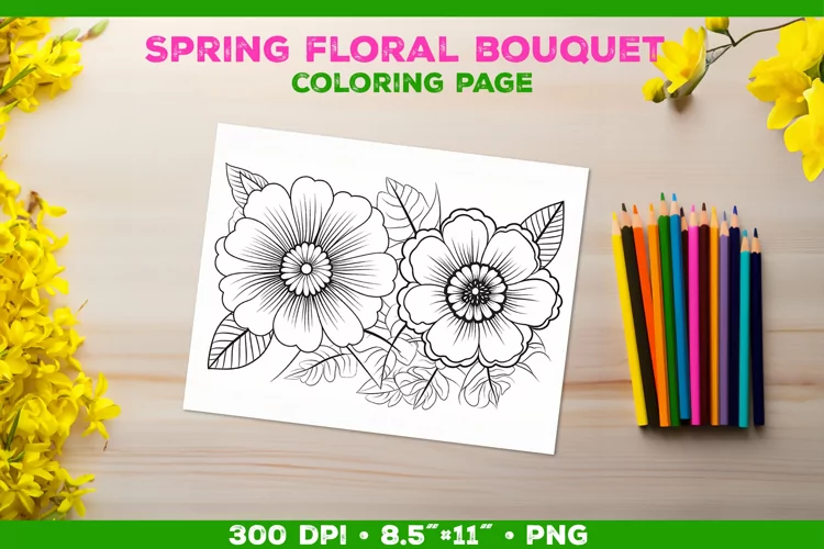 Spring floral bouquet coloring page. Kids coloring book