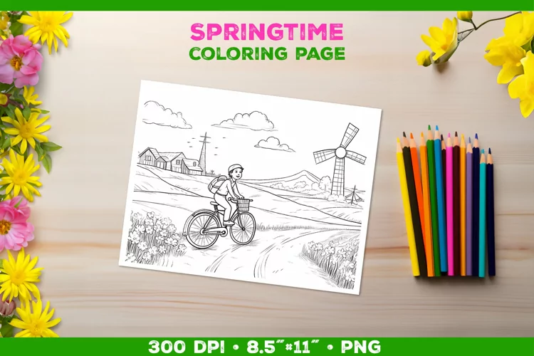 Coloring page for children with a smiling boy on a bicycle