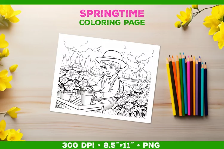 Springtime Garden Fun: Coloring Page with Boy Tending Garden