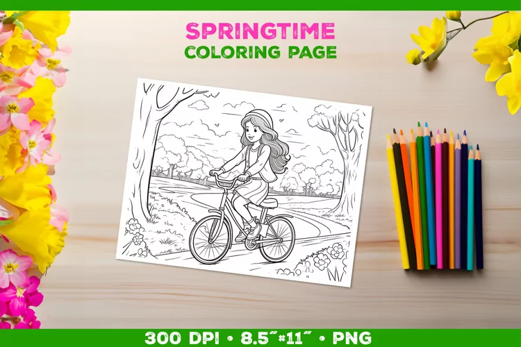 Kids simple coloring book page with a girl on the bicycle