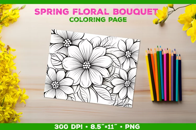 Spring floral bouquet coloring page. Kids coloring book