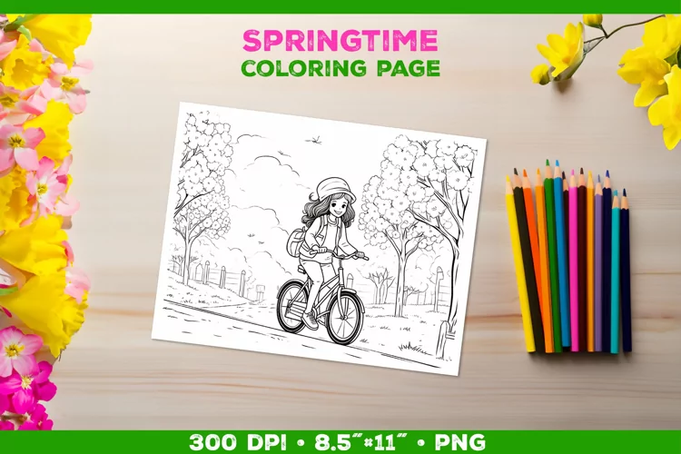 Kids simple coloring book page with a girl on the bicycle