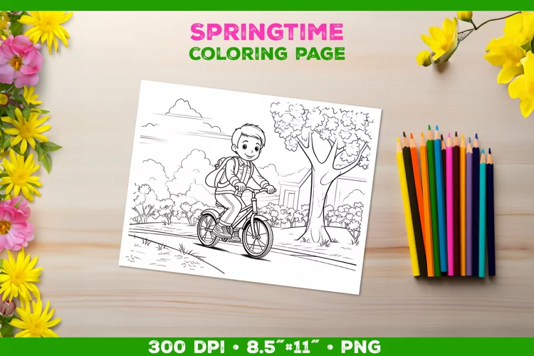 Coloring page for children with a smiling boy on a bicycle