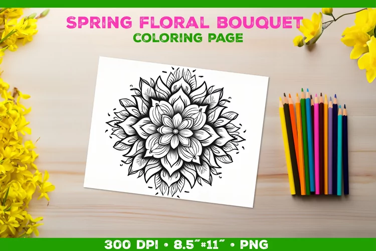 Spring floral bouquet coloring page. Kids coloring book