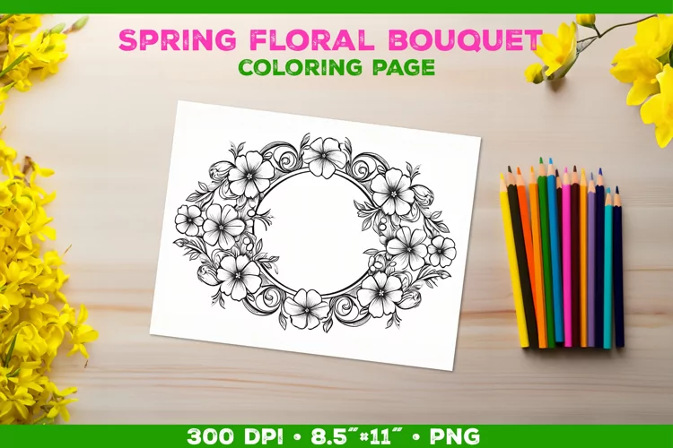 Spring floral bouquet coloring page. Kids coloring book