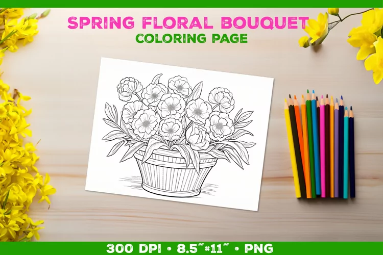 Spring floral bouquet coloring page. Kids coloring book