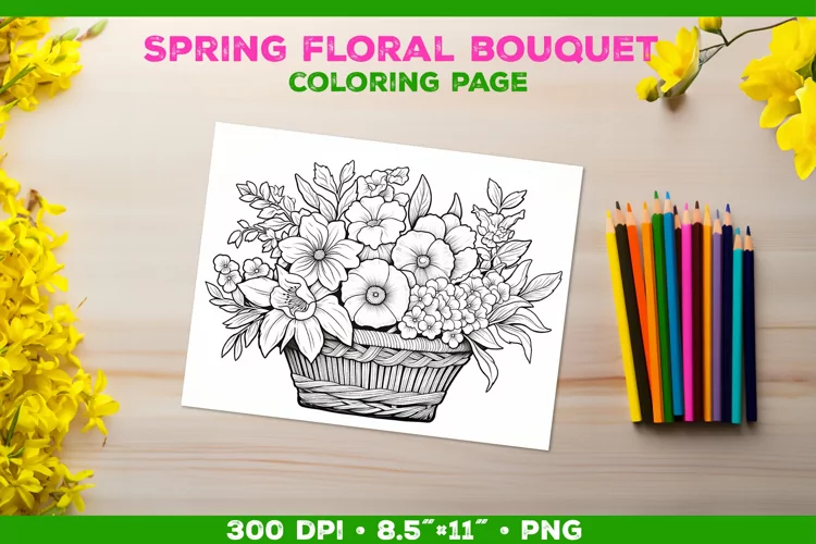 Spring floral bouquet coloring page. Kids coloring book