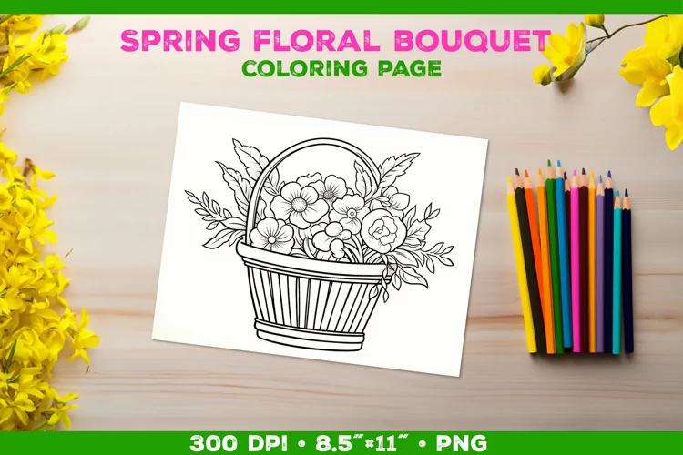 Spring floral bouquet coloring page. Kids coloring book