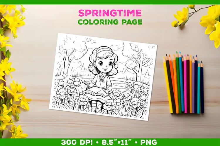 Coloring Page with Girl Tending Garden. Girl Coloring Book