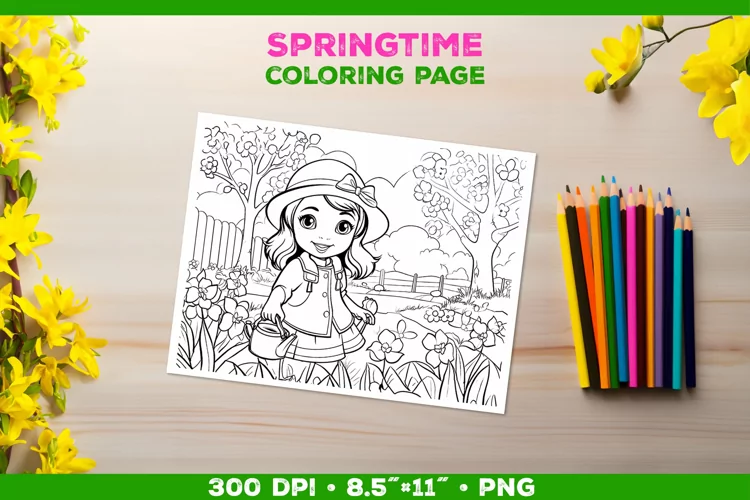 Coloring Page with Girl Tending Garden. Girl Coloring Book
