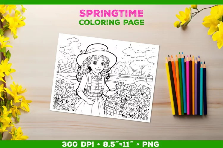Coloring Page with Girl Tending Garden. Girl Coloring Book